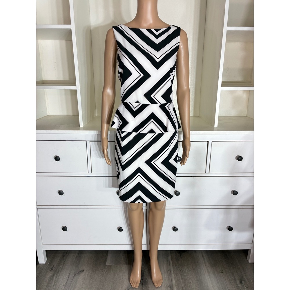 Cache Peplum Sheath Dress Women Size 12 Black White Geometric Chevron Sleeveless